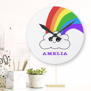 Cute Kawaii Cloud Rainbow Kid's Namn Rund Klocka