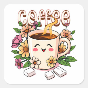 Cute Kawaii Coffee and Flowers Fyrkantigt Klistermärke