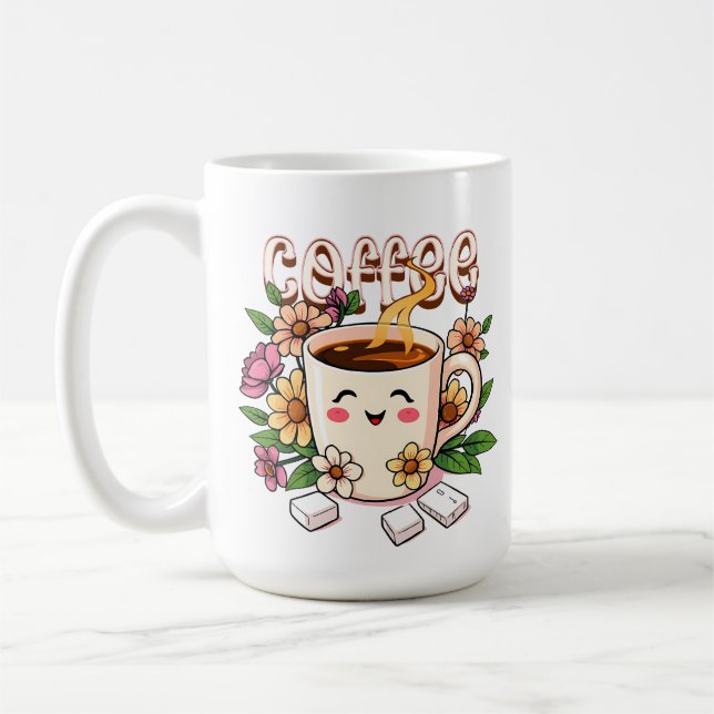 Cute Kawaii Coffee and Flowers Kaffemugg (Vänster)