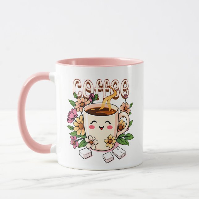 Cute Kawaii Coffee and Flowers Mugg (Vänster)
