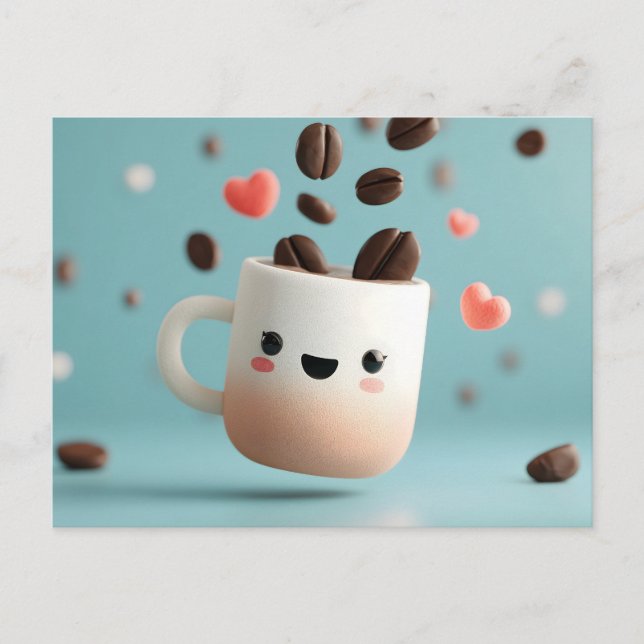Cute Kawaii Coffee Mugg med Flytande kaffebönor Vykort (Framsida)