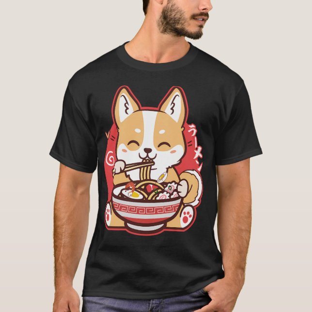 Cute Kawaii Corgi Eating Ramen T Shirt (Framsida)
