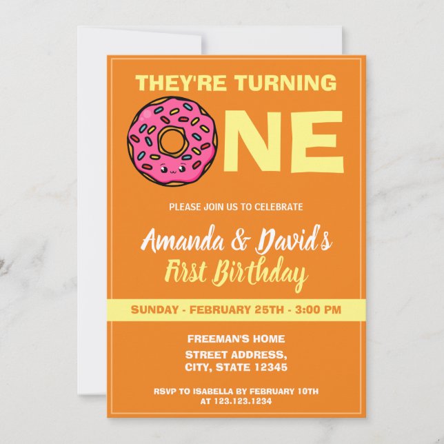 Cute Kawaii Donut Orange Joint Twin 1st Birthday Inbjudningar (Framsida)