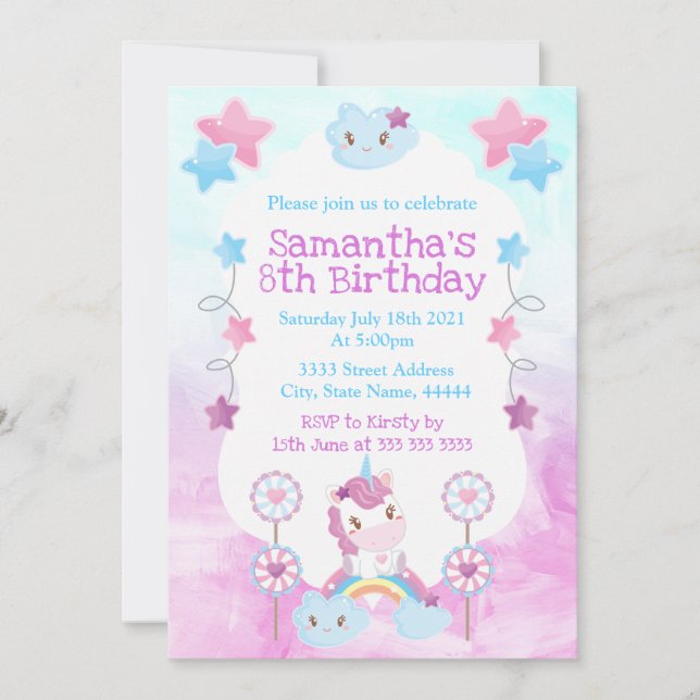 Cute Kawaii Dreamy Unicorn Rainbow Cloud Inbjudningar (Framsida)