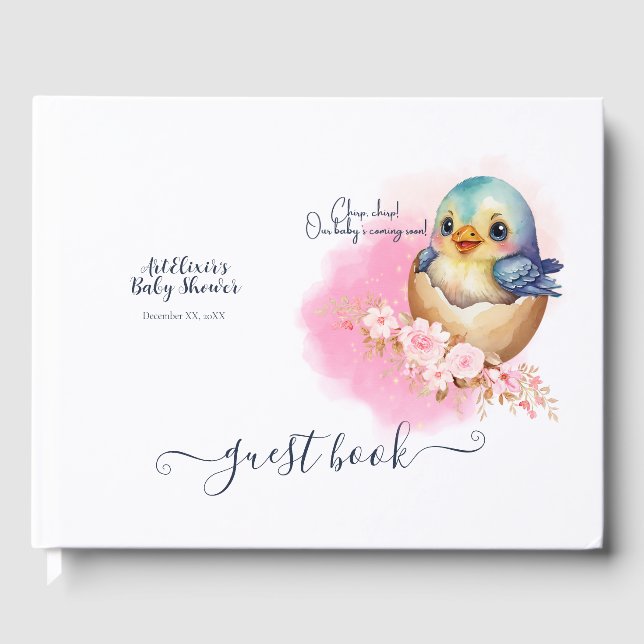 Cute Kawaii Egg Bird Elegant Blommigt Baby Shower Gästböcker (Framsida)