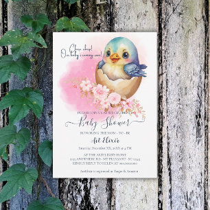 Cute Kawaii Egg Bird Elegant Blommigt Baby Shower Inbjudningar