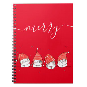 Cute Kawaii Festive Cats on Red Background Anpassn Anteckningsbok