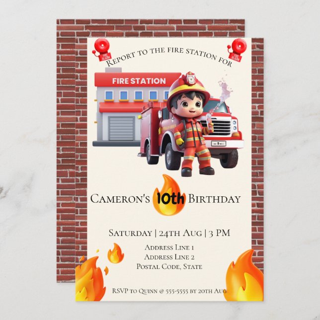 Cute Kawaii Fire Fighter Boy Birthday Inbjudningar (Fram/baksida)