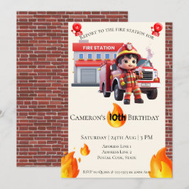 Cute Kawaii Fire Fighter Boy Birthday Inbjudningar