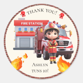 Cute Kawaii Firefighter Girl and Fire Truck Runt Klistermärke