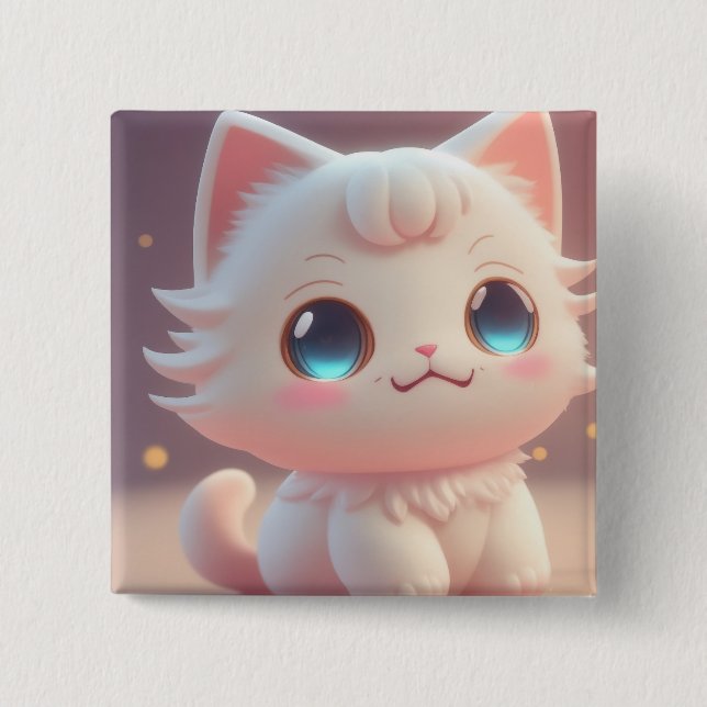 Cute Kawaii Fluffy White Cat Knapp (Framsida)