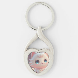 Cute Kawaii Fluffy White Cat Twisted Heart Silverfärgad Nyckelring