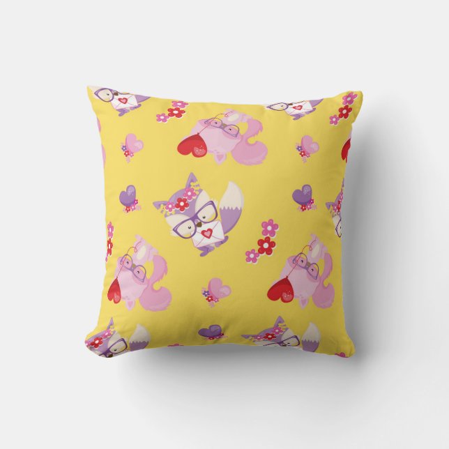 Cute Kawaii Fox Boho Valentine Foxes Gult Kudde (Framsida)