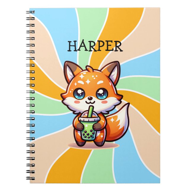 Cute Kawaii Fox med Bubble Tea Personlig Anteckningsbok (Framsidan)