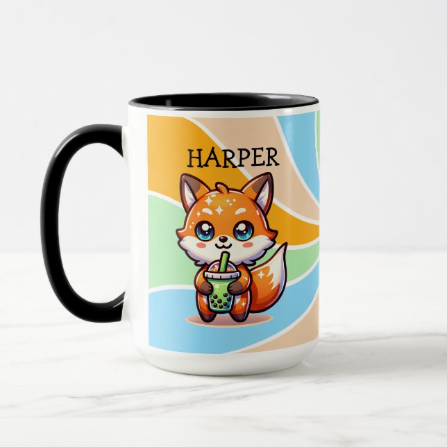 Cute Kawaii Fox med Bubble Tea Personlig Mugg (Vänster)