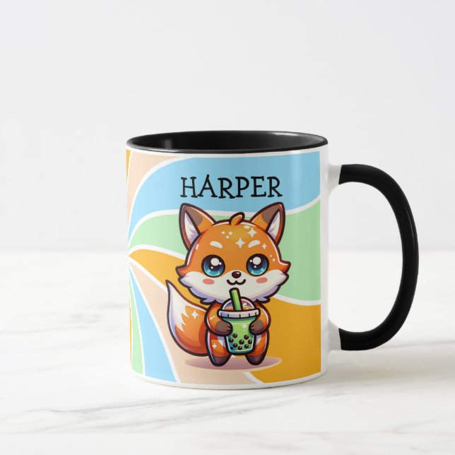 Cute Kawaii Fox med Bubble Tea Personlig Mugg (Höger)