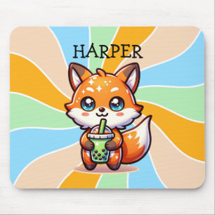 Cute Kawaii Fox med Bubble Tea Personlig Musmatta