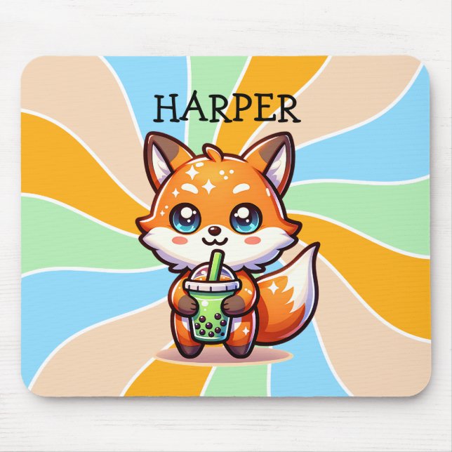 Cute Kawaii Fox med Bubble Tea Personlig Musmatta (Framsidan)