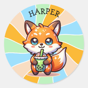 Cute Kawaii Fox med Bubble Tea Personlig Runt Klistermärke