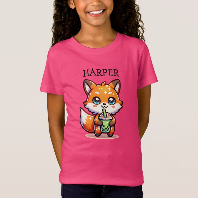 Cute Kawaii Fox med Bubble Tea Personlig T Shirt (Framsida)