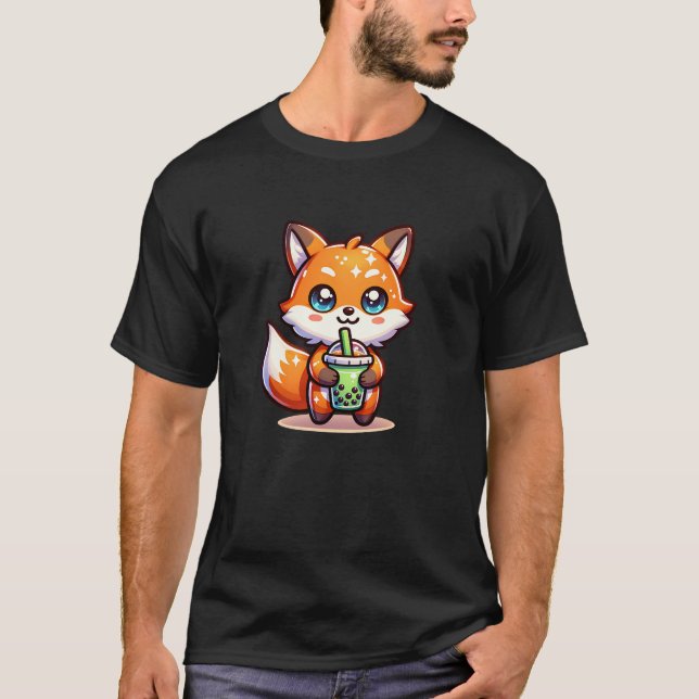 Cute Kawaii Fox med Bubble Tea Personlig T Shirt (Framsida)