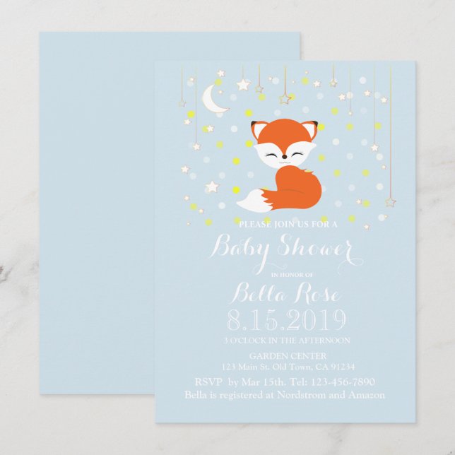 Cute Kawaii Fox Stars Woodland Theme Baby Shower Inbjudningar (Fram/baksida)