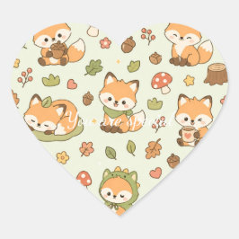 Cute Kawaii Fox Woodland Pattern | Autumn Forest  Hjärtformat Klistermärke