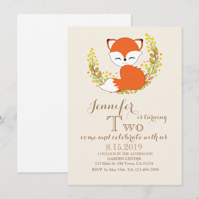 Cute Kawaii Fox Woodland Theme Birthday Card Inbjudningar (Fram/baksida)