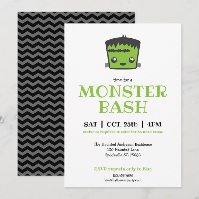 Cute Kawaii Frankenstein Monster Halloween fest Inbjudningar (Fram/baksida)