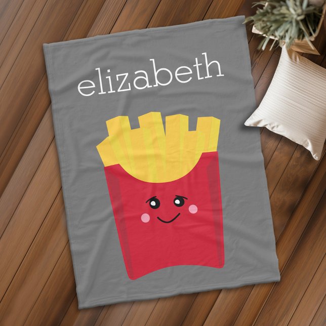 Cute Kawaii Fransk Fries med eget namn Fleecefilt (Personalized fleece blanket with kawaii french fries)