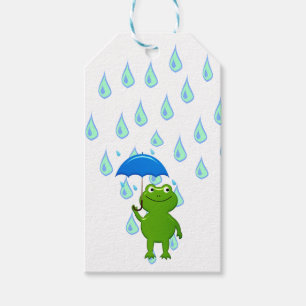 Cute Kawaii Frog and Rain Presentetikett