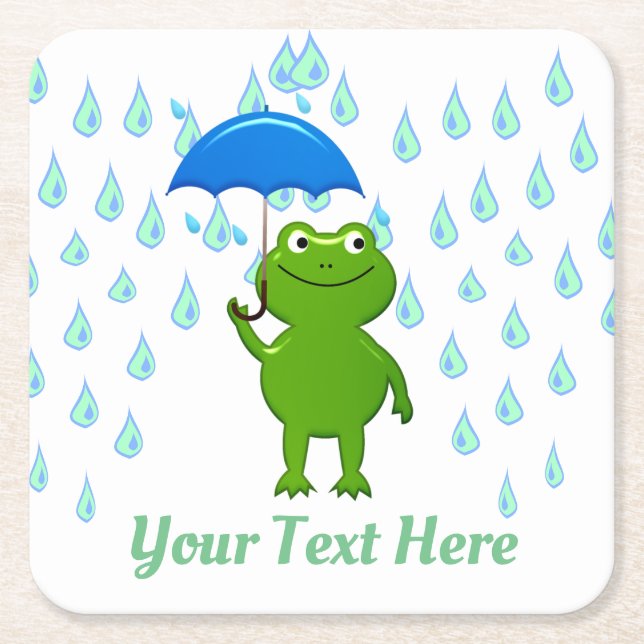 Cute Kawaii Frog and Rain Underlägg Papper Kvadrat (Framsidan)