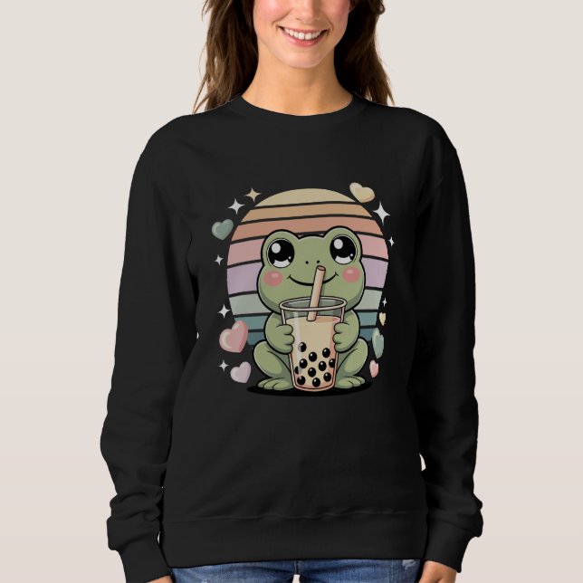 Cute Kawaii Frog Bubble Tea Lover Pastel Hearts T Shirt (Framsida)