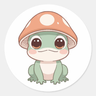 Cute Kawaii Frog i Mushroom Hat Sticker Runt Klistermärke