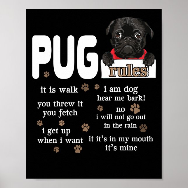 Cute Kawaii Funny Black Pug Dog Rules Gifts Poster (Framsidan)
