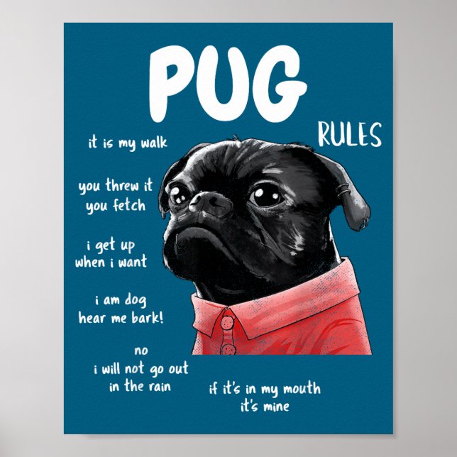Cute Kawaii Funny Black Pug Dog Rules Men Women Ki Poster (Framsidan)