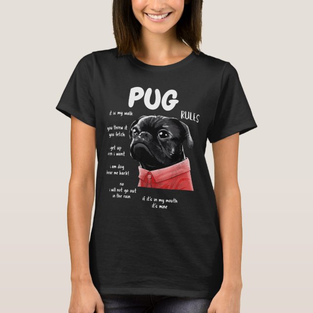 Cute Kawaii Funny Black Pug Dog Rules Men Women Ki T Shirt (Framsida)