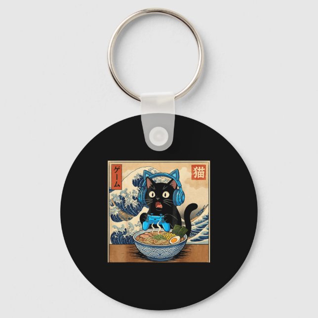 Cute Kawaii Gamer Cat Funny Ramen Japanese Cat Gam Nyckelring (Framsida)