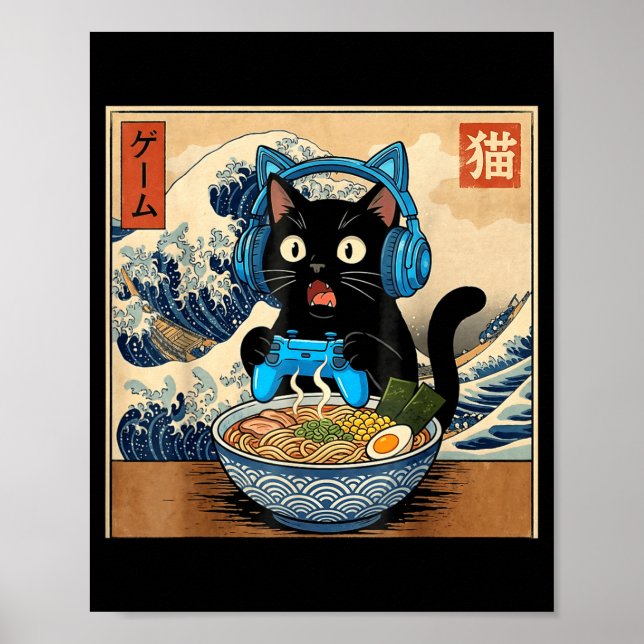 Cute Kawaii Gamer Cat Funny Ramen Japanese Cat Gam Poster (Framsidan)