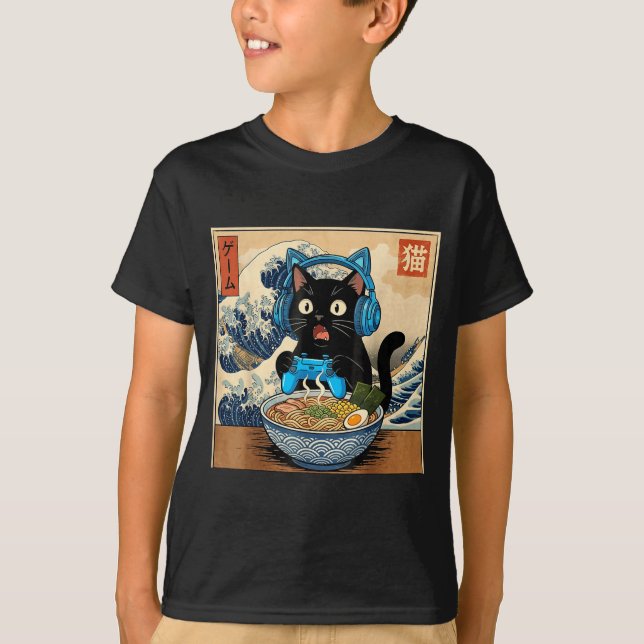 Cute Kawaii Gamer Cat Funny Ramen Japanese Cat Gam T Shirt (Framsida)