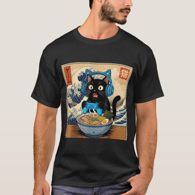 Cute Kawaii Gamer Cat Funny Ramen Japanese Cat Gam T Shirt (Framsida)