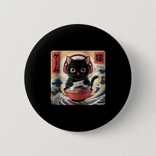 Cute Kawaii Gamer Cat Funny Ramen Retro Japanese C Knapp (Framsida)