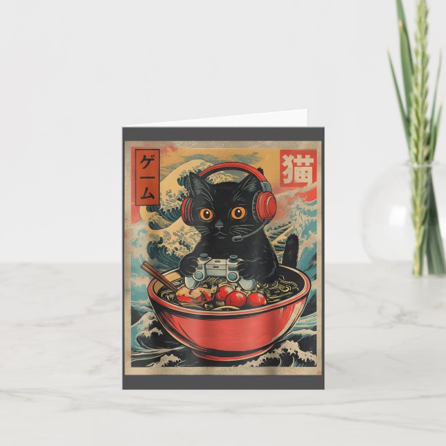 Cute Kawaii Gamer Cat Funny Ramen Retro Japanese C Kort (Framsida)