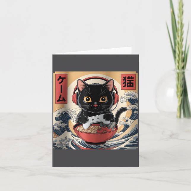 Cute Kawaii Gamer Cat Funny Ramen Retro Japanese C Kort (Framsida)