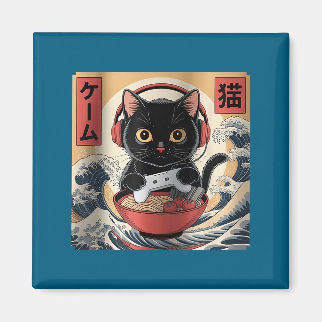 Cute Kawaii Gamer Cat Funny Ramen Retro Japanese C Magnet (Framsidan)