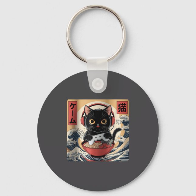 Cute Kawaii Gamer Cat Funny Ramen Retro Japanese C Nyckelring (Framsida)