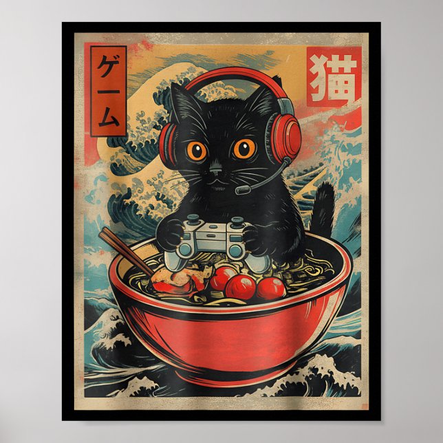Cute Kawaii Gamer Cat Funny Ramen Retro Japanese C Poster (Framsidan)