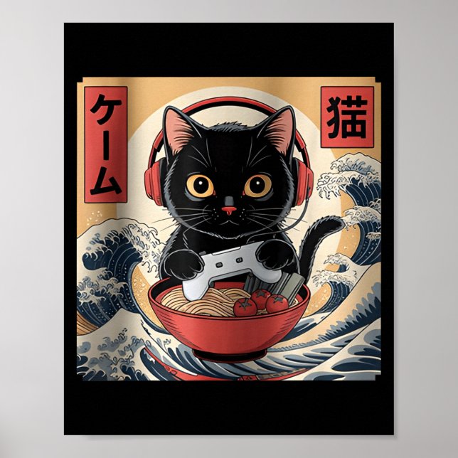 Cute Kawaii Gamer Cat Funny Ramen Retro Japanese C Poster (Framsidan)