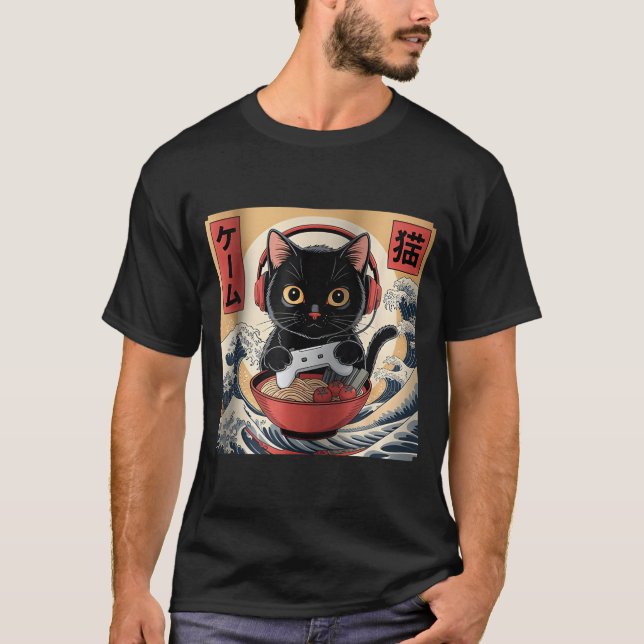 Cute Kawaii Gamer Cat Funny Ramen Retro Japanese C T Shirt (Framsida)