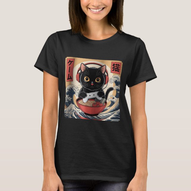 Cute Kawaii Gamer Cat Funny Ramen Retro Japanese C T Shirt (Framsida)